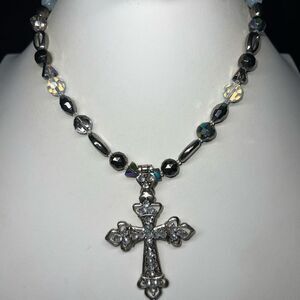 Vintage Aurora Borealis Cross Pendant on a Beaded Necklace